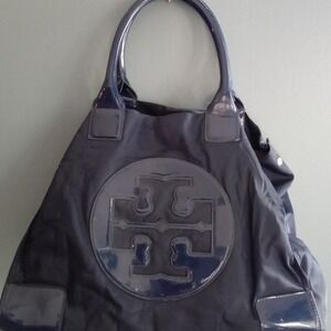 Tory Burch Ella Tote Bag Navy Blue Nylon Patent Leather Trim Large Shoulder Bag